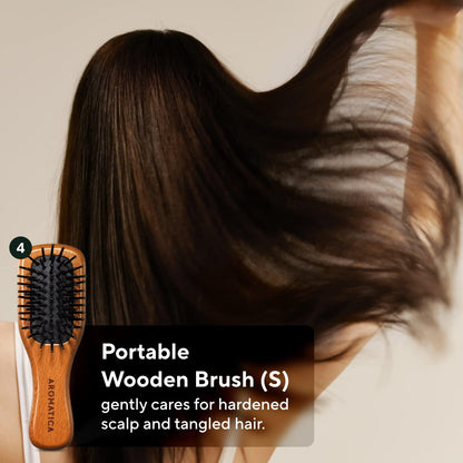 Portable wooden brush with text on a neutral background