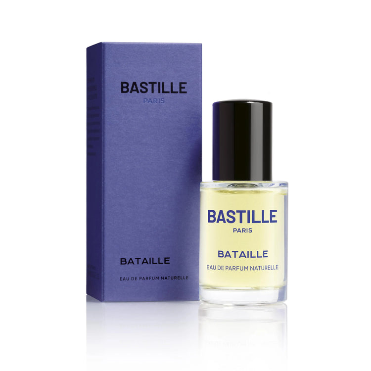 A perfume bottle and box with the brand name Bastille Paris visible, the perfume name Bataille is displayed on the box.