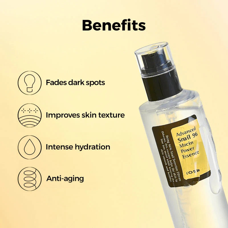 Skincare serum bottle with benefits listed on a beige background