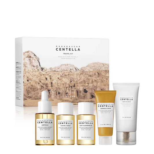 Madecasse Centella travel kit with various skincare products on a white background