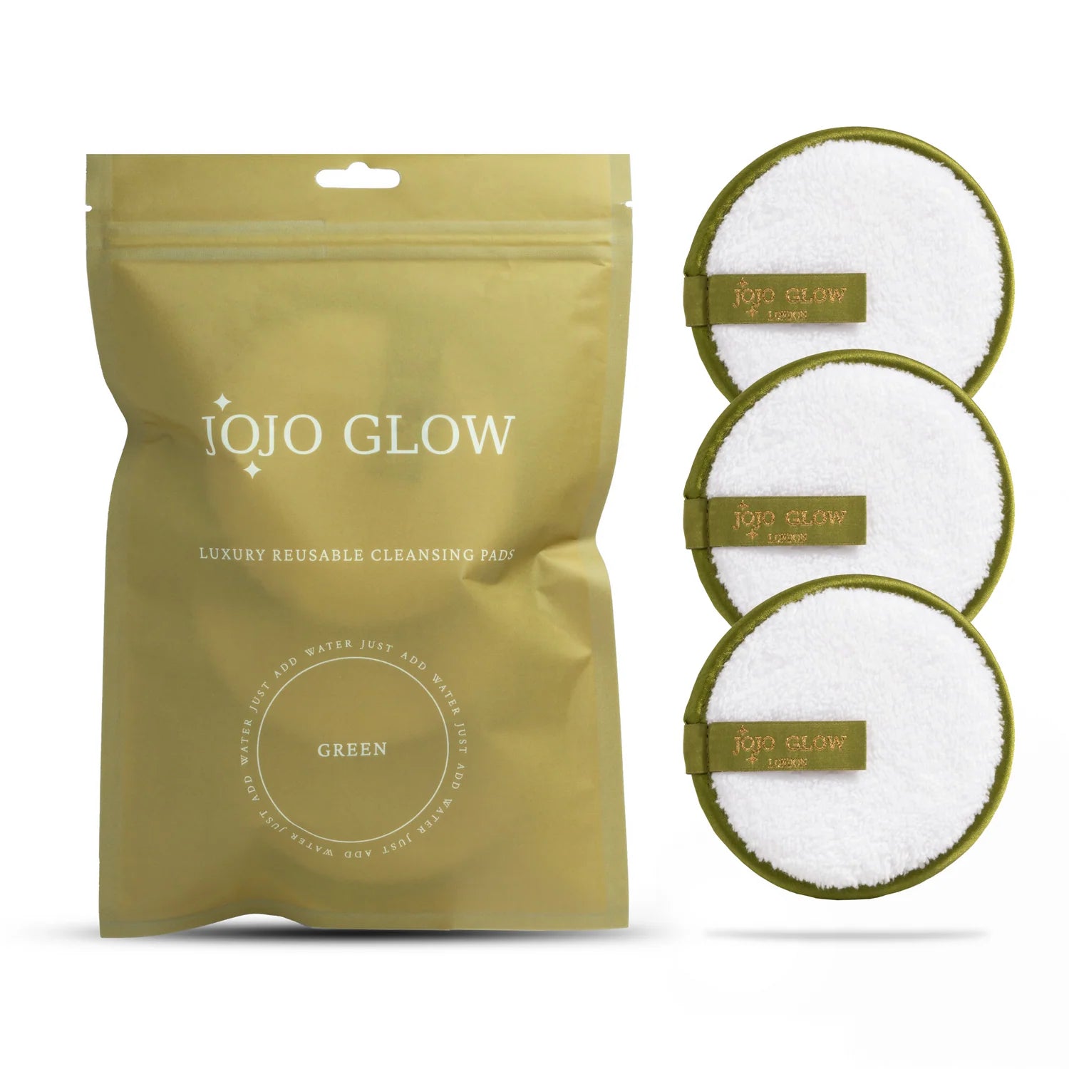 IOJO GLOW green reusable cleansing pads packaging with three pads displayed.