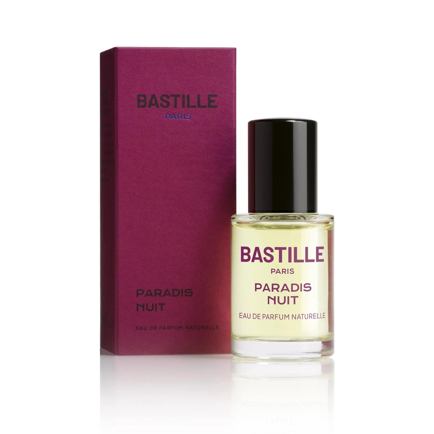 A bottle of 'Paradis Nuit' EDP by Bastille, with a purple box in the background. The bottle has a black cap and a label with white text on a purple background.