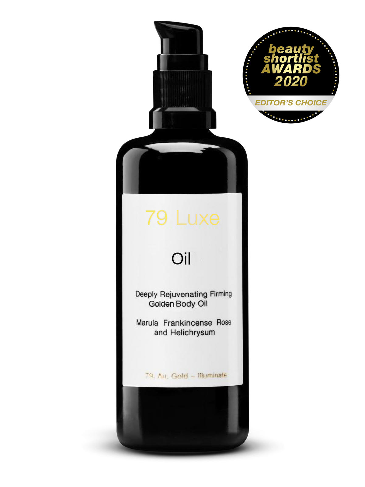 79 Luxe Gold Infused Body Oil 100ml in black violet glass
