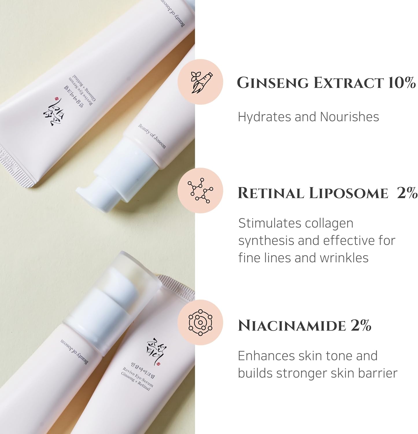 Skincare products with ginseng extract, retinal liposome, and niacinamide on a light background.