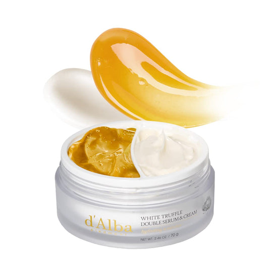 Open jar of d'Alba White Truffle Double Serum & Cream with a swatch on a white background