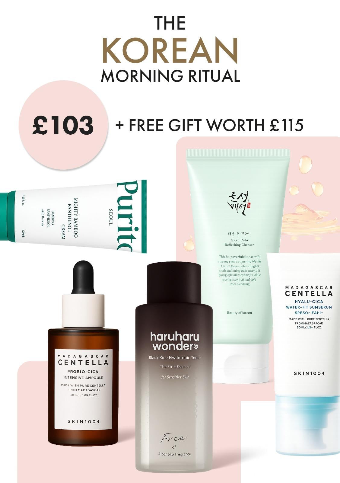 Korean skincare products with pricing and free gift offer on a pink background