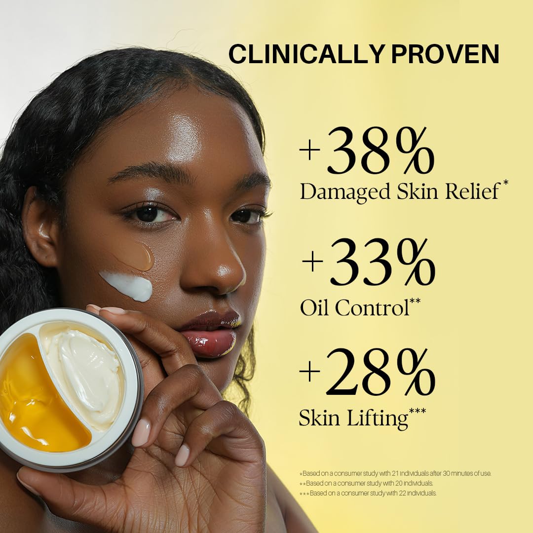 Woman holding a skincare product with text highlighting skin benefits on a beige background
