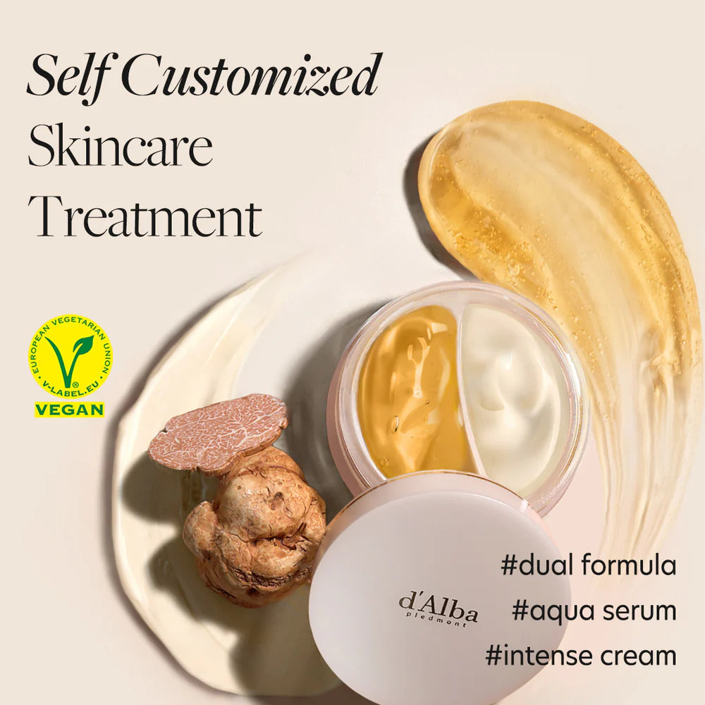 Skincare product with vegan label and text 'Self Customized Skincare Treatment' on a beige background.